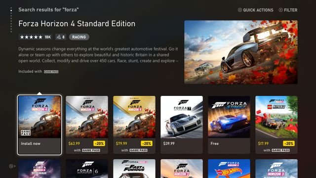 Screenshot of the redesigned Microsoft Store interface showing game listings and playback controls
