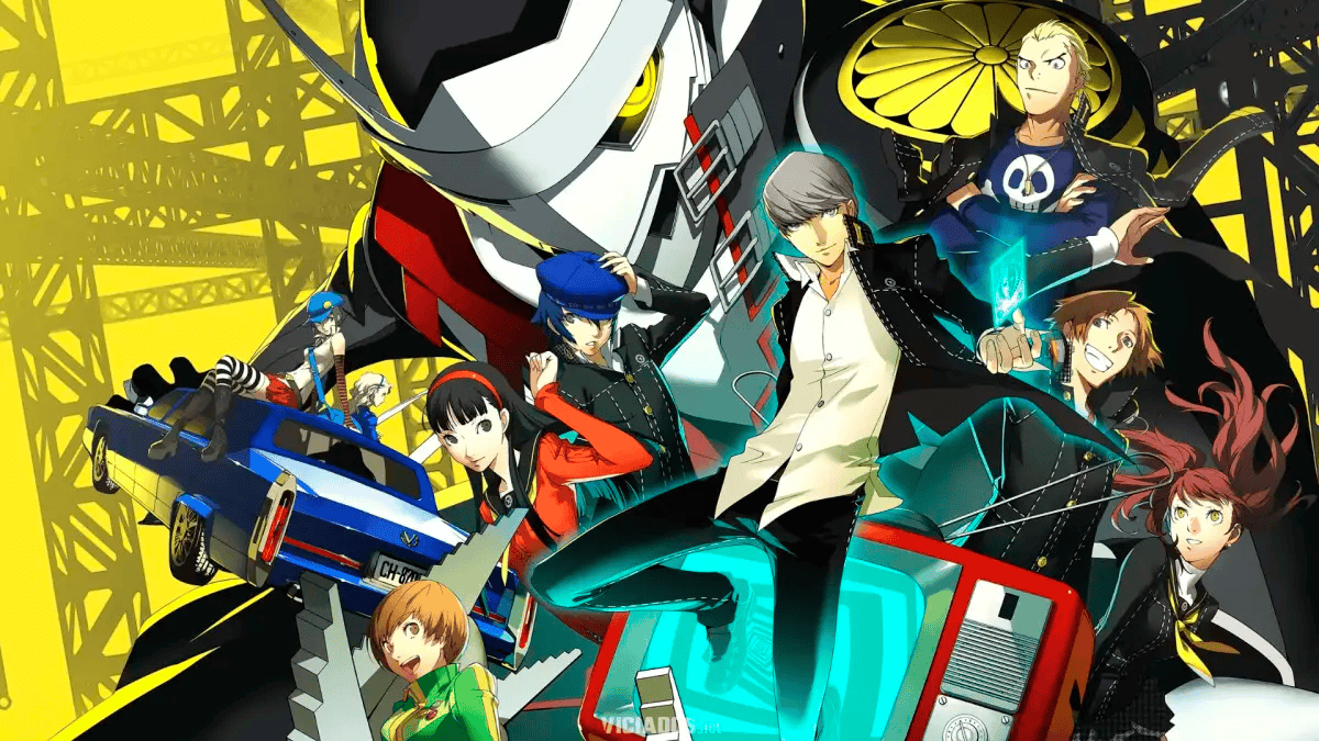 Persona 4 characters standing in a stylized school-and-dungeon setting