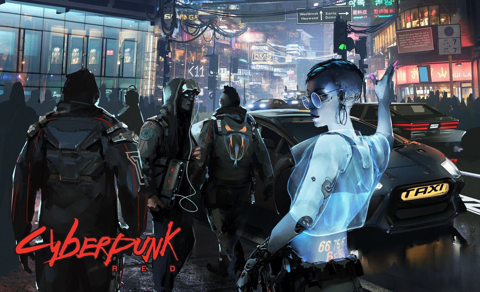 Night City street scene with characters and neon-lit buildings