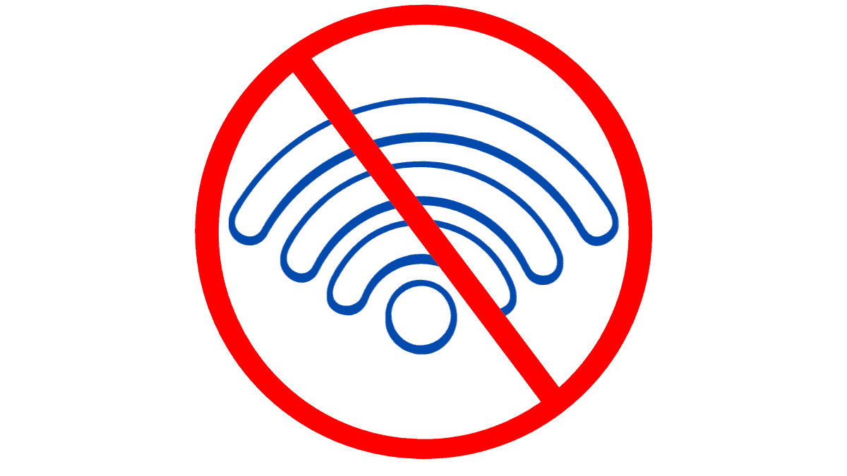 Illustration of a Wi‑Fi icon with a prohibited symbol indicating no connection