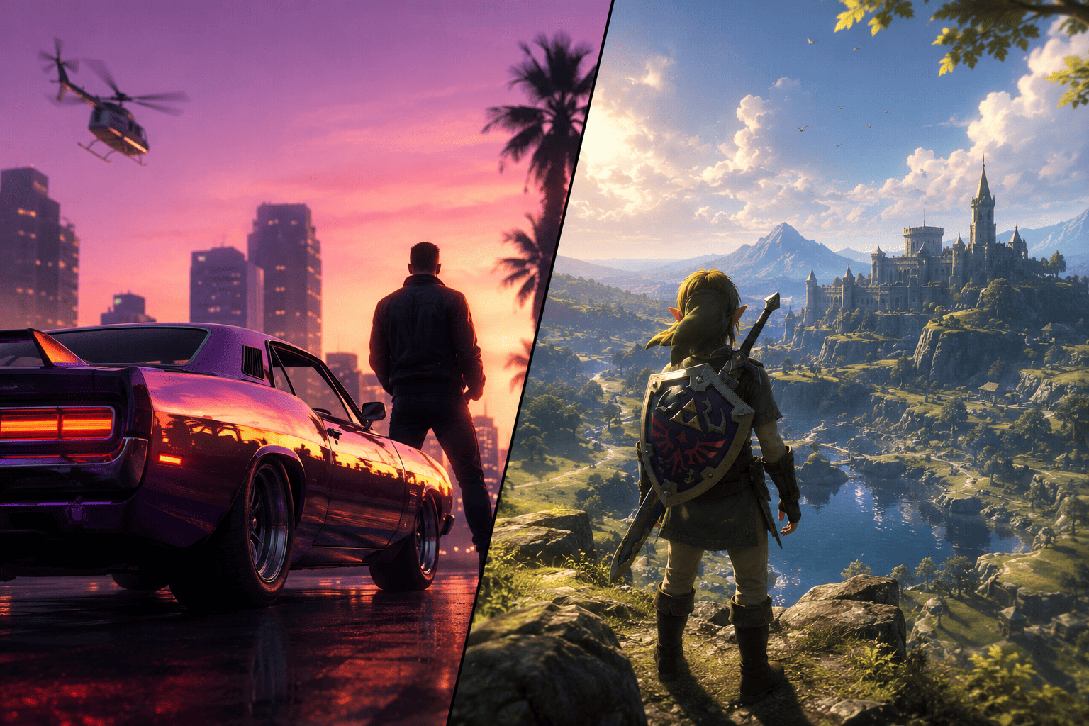 Nintendo and Rockstar business contrast visual metaphor