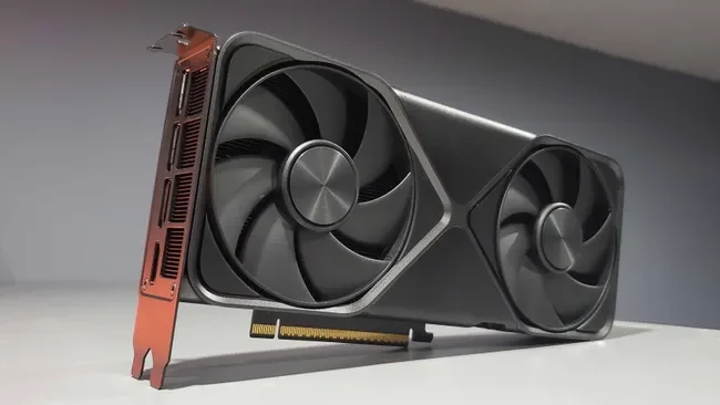 RTX 5070 card photographed from angle showing shroud and fans