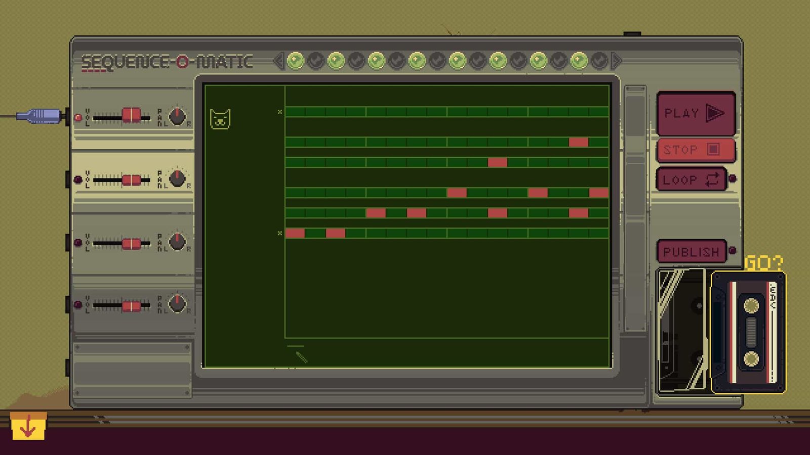 Pixel-art studio scene with instruments and a retro UI