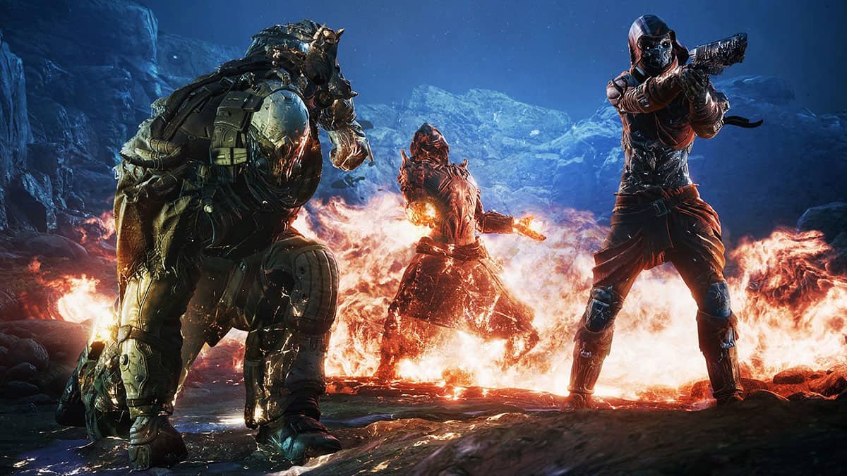 Players battling mutated creatures in Outriders on Enoch