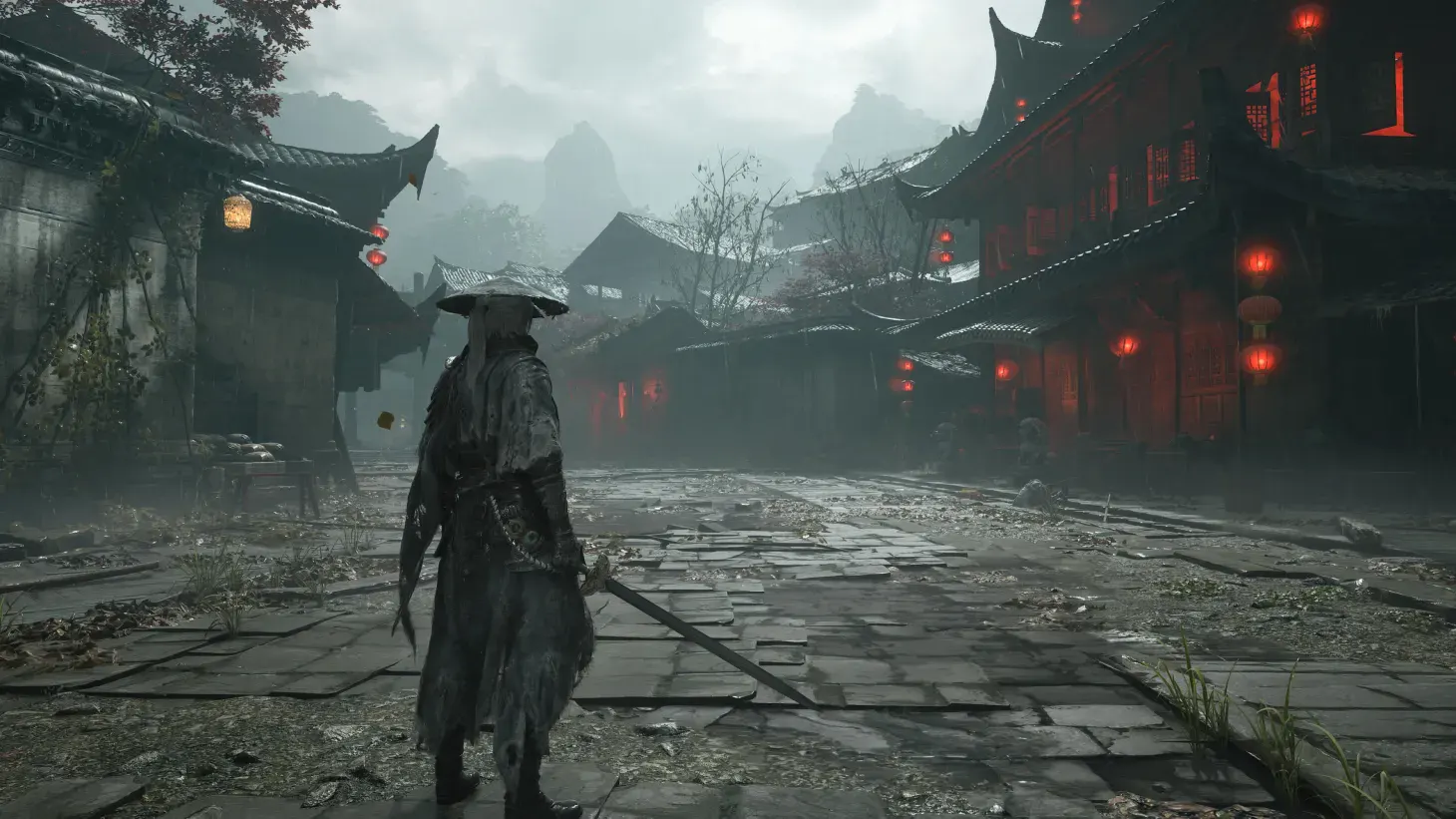 In-game cinematic shot showing a martial-arts confrontation with dramatic lighting