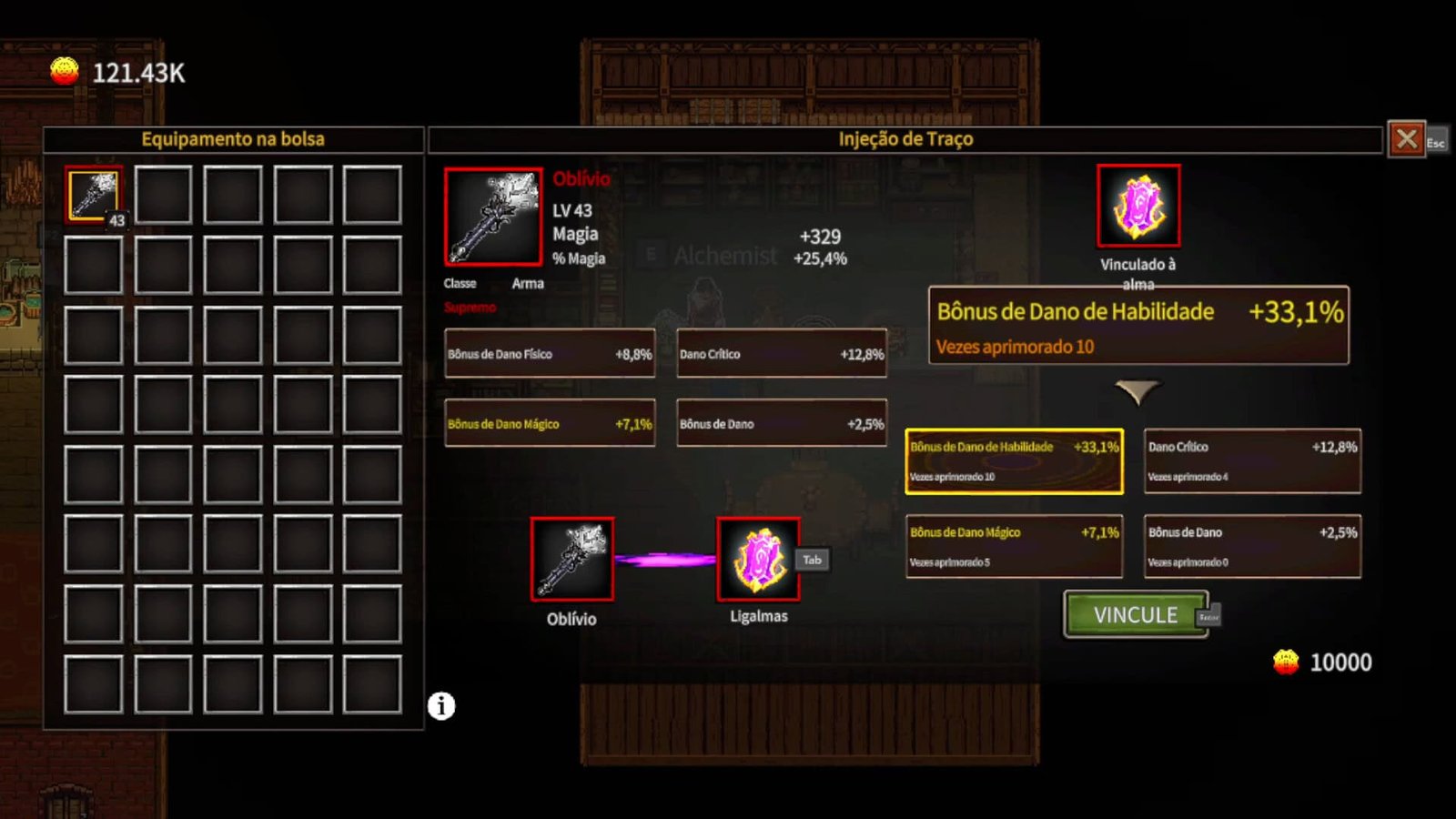 Menu showing crafting and upgrade options