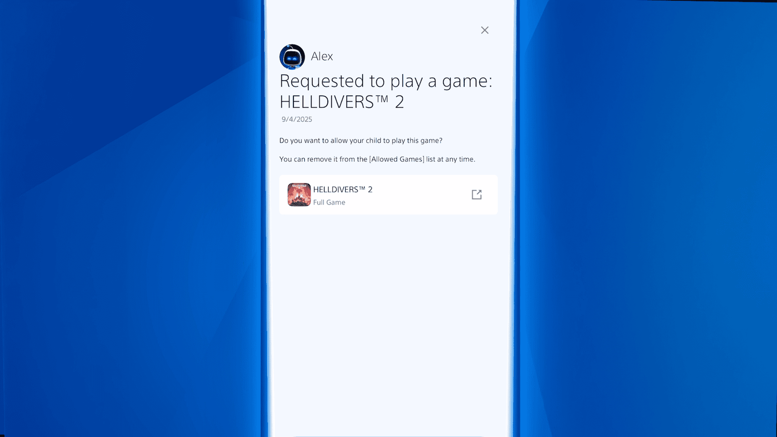 Child requesting parental approval on a console to access an age-restricted game