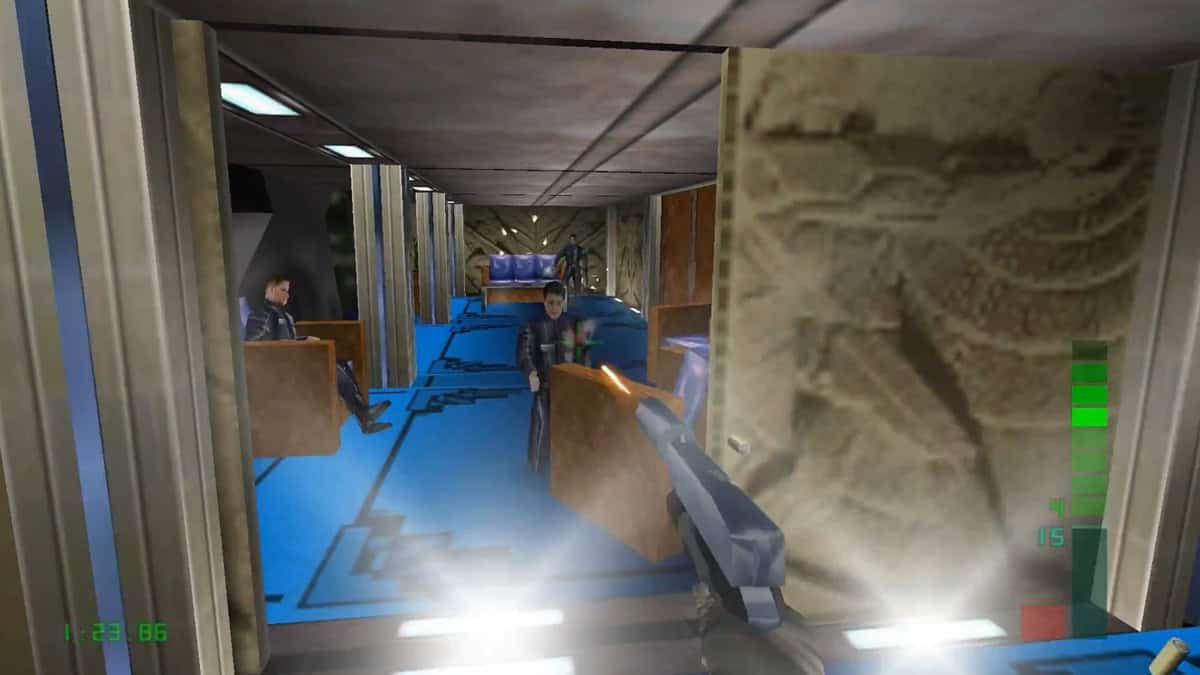 Joanna Dark aiming a weapon in a futuristic shooter setting