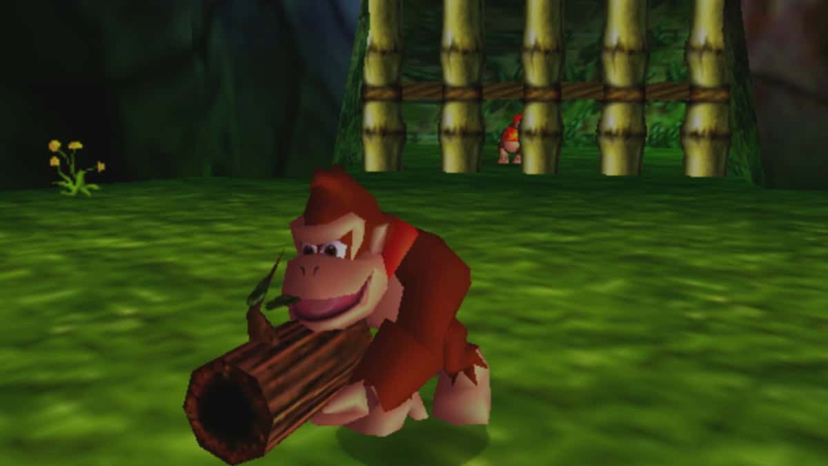 Donkey Kong navigating a 3D platform level with allies