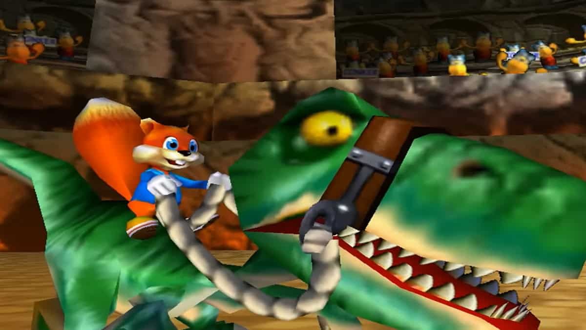 Conker amid irreverent, adult-oriented platforming scenes
