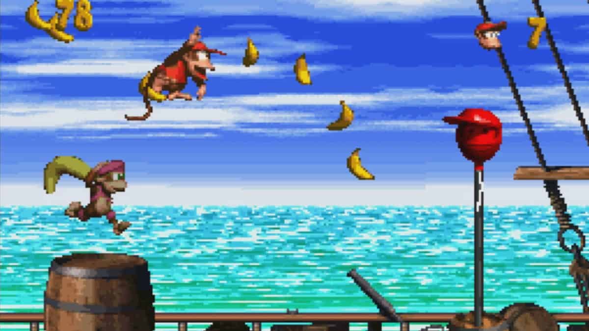 Diddy and Dixie Kong facing jungle-themed obstacles