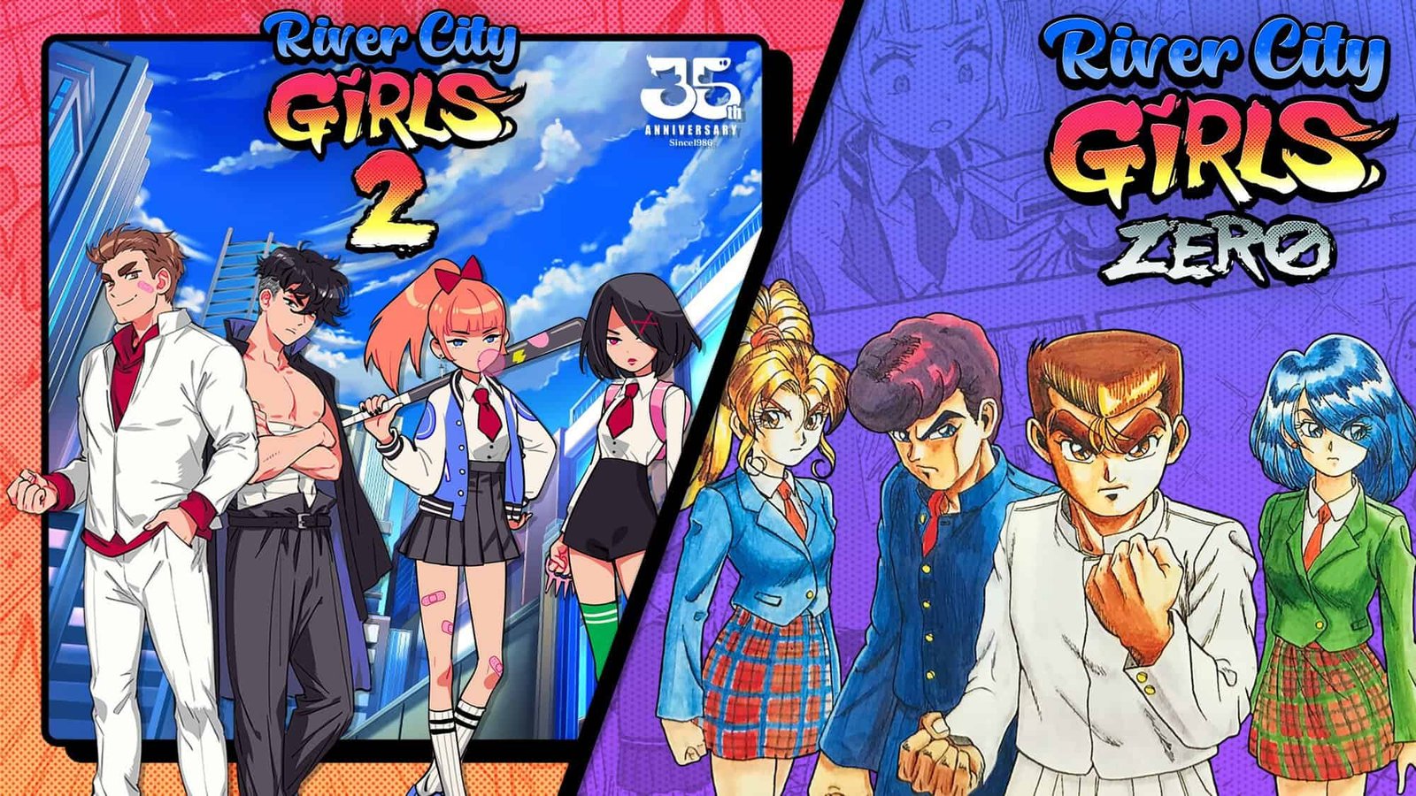 Promotional art showing characters from River City Girls 2 and the remastered River City Girls Zero