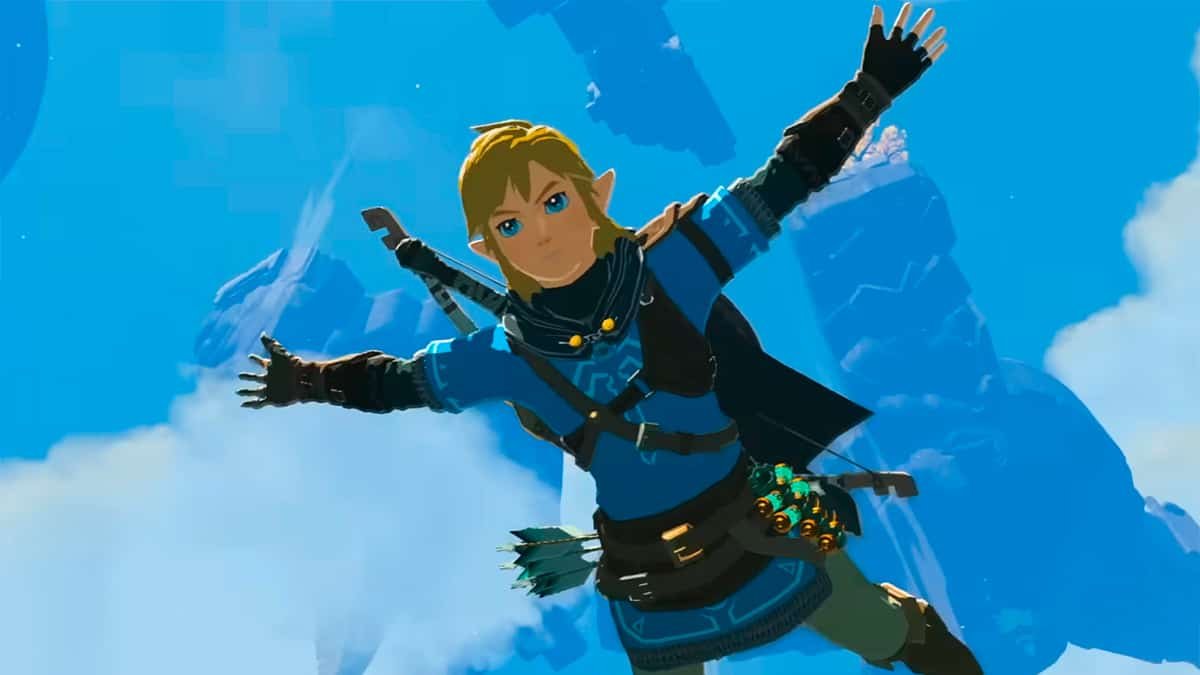 Link leaping through the air with a green cap and tunic