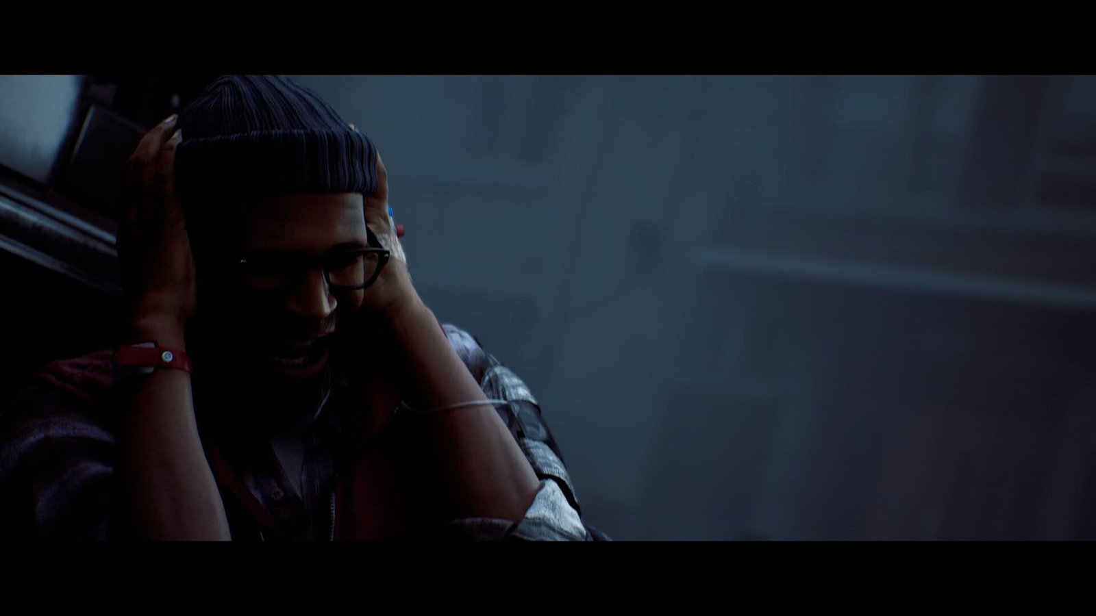 Protagonist walking through a moody, lit street