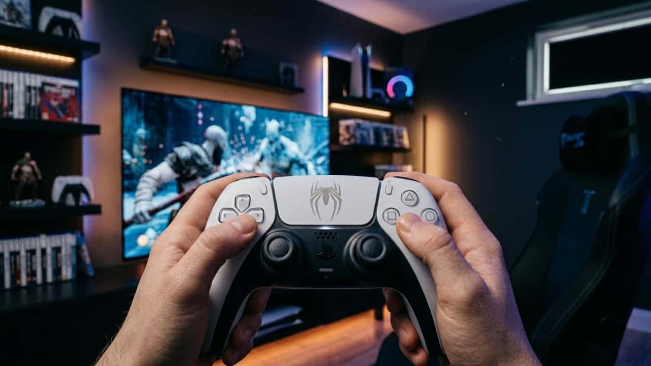 PlayStation 5 console displayed with digital-themed background