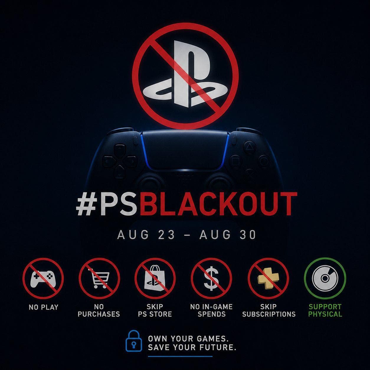 Protesters holding PlayStation cases and signs advocating for physical media
