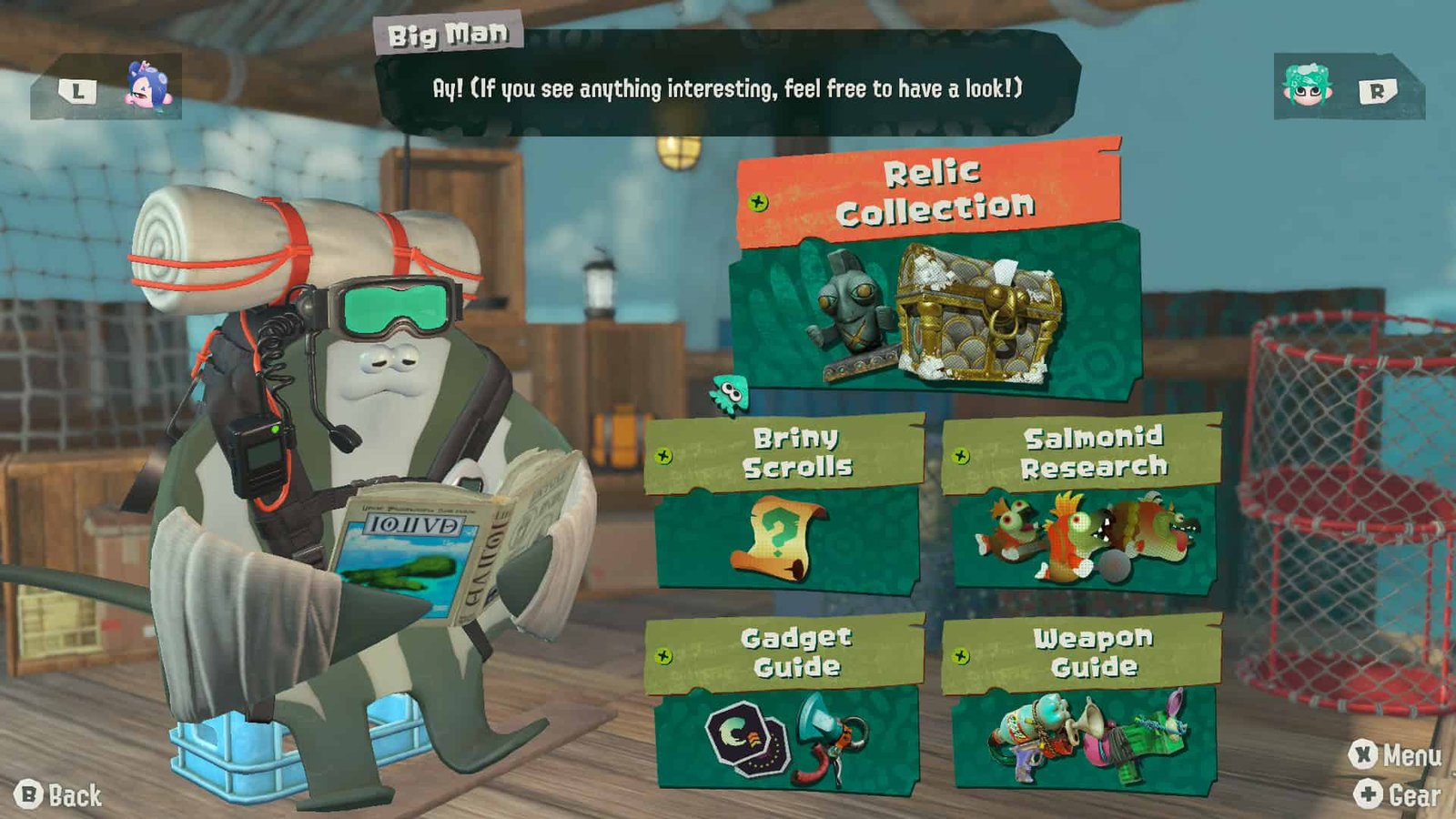In-game library menu with menus and options