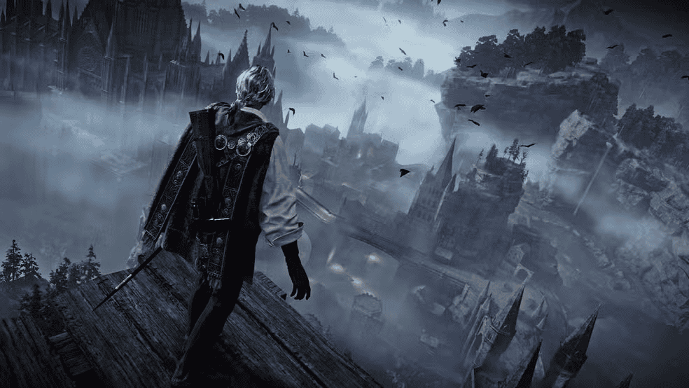 In-game screenshot showing a hunter wielding a corrupted weapon in a ruined corridor