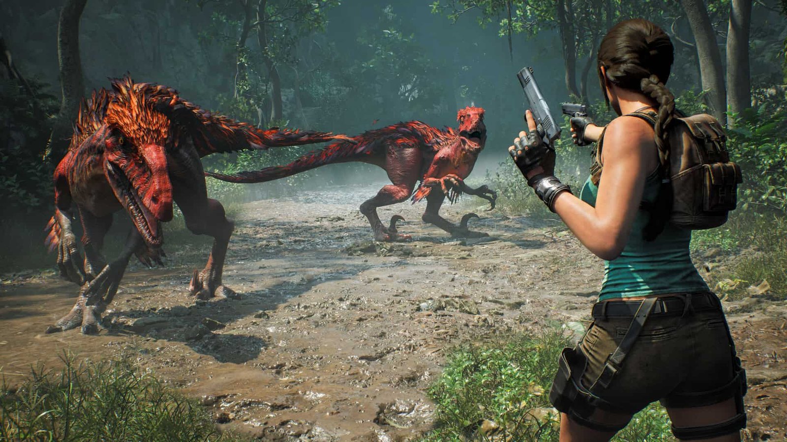 Lara Croft aiming pistols while exploring a ruined structure