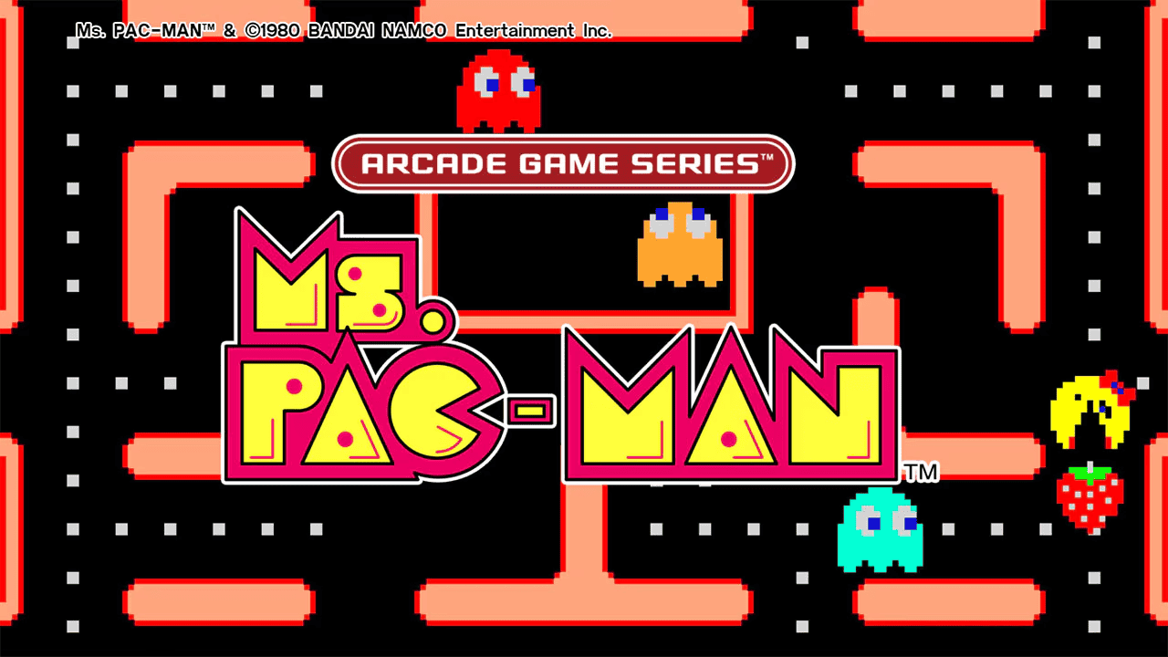 Ms. Pac-Man navigating a redesigned maze evading ghosts