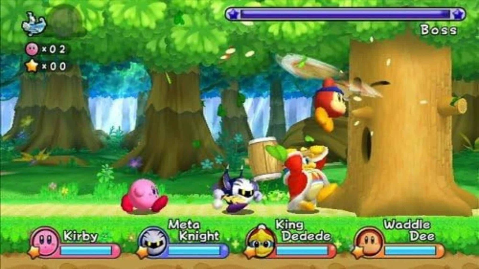 Kirby floating and copying abilities in a colorful platform stage