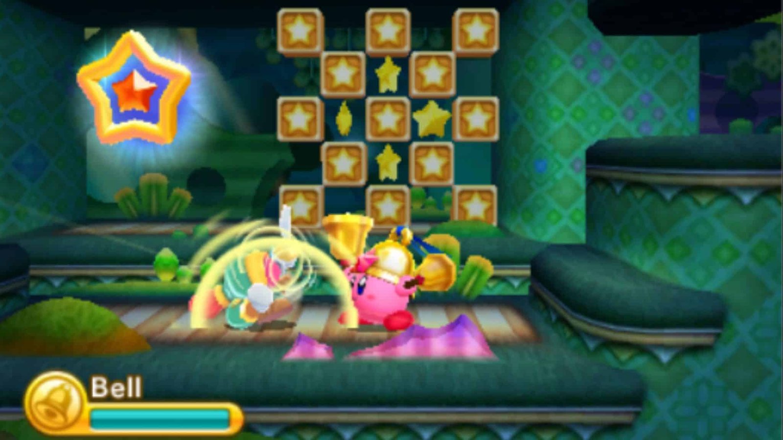Kirby using Hypernova power with layered 2.5D levels on the 3DS