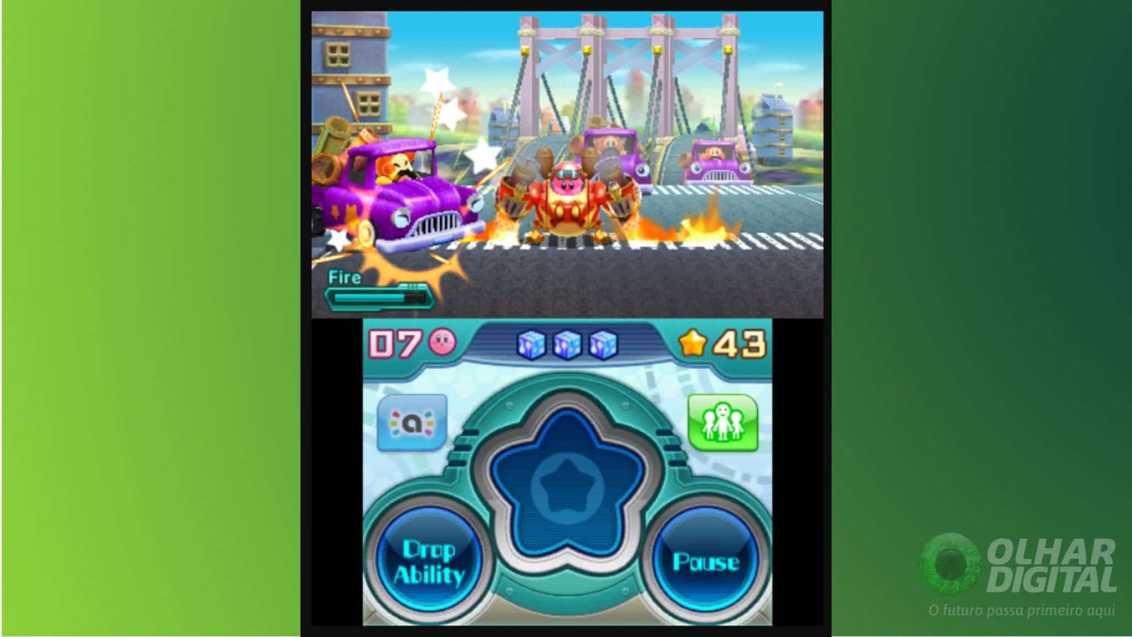 Kirby operating a mechanized suit to take on robotic foes