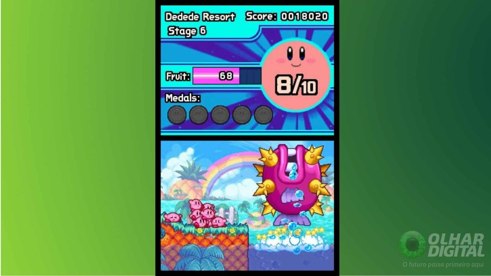 Multiple small Kirbys moving across a touchscreen level