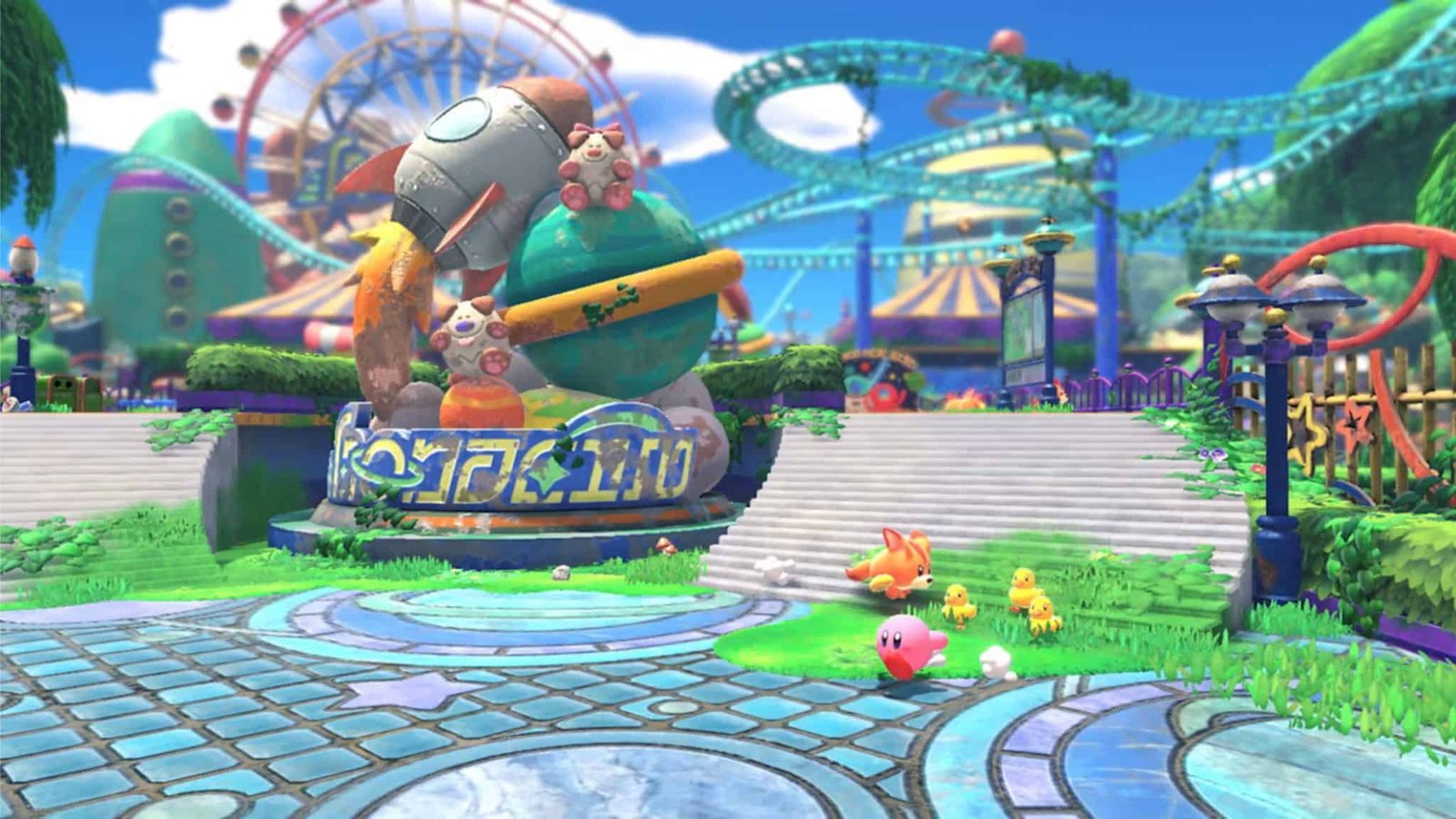 Kirby exploring a 3D world in a modern, colorful environment