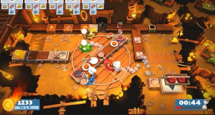Chefs scrambling in a chaotic kitchen setting