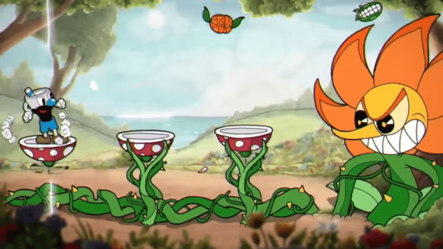 Cuphead and Mugman alongside a sunflower holding two cups