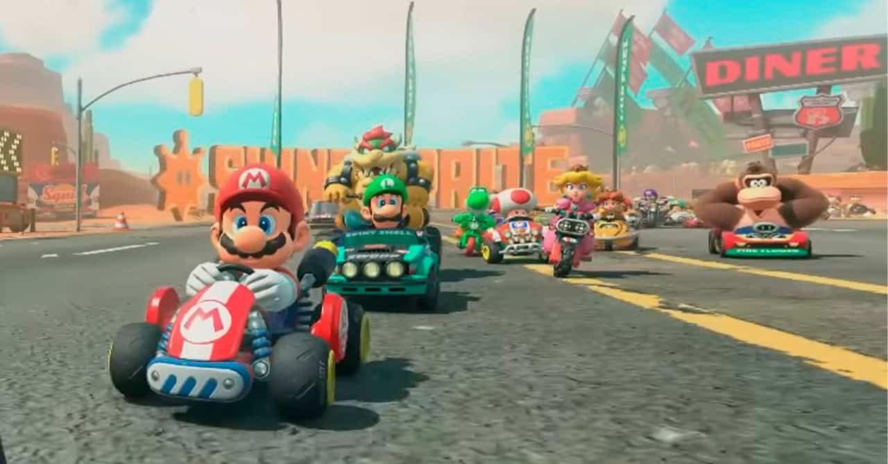 A colorful racing scene from a Nintendo kart title