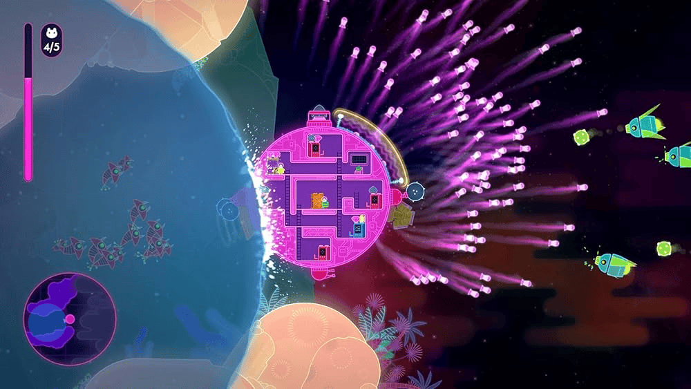 A brightly colored cooperative spaceship interior