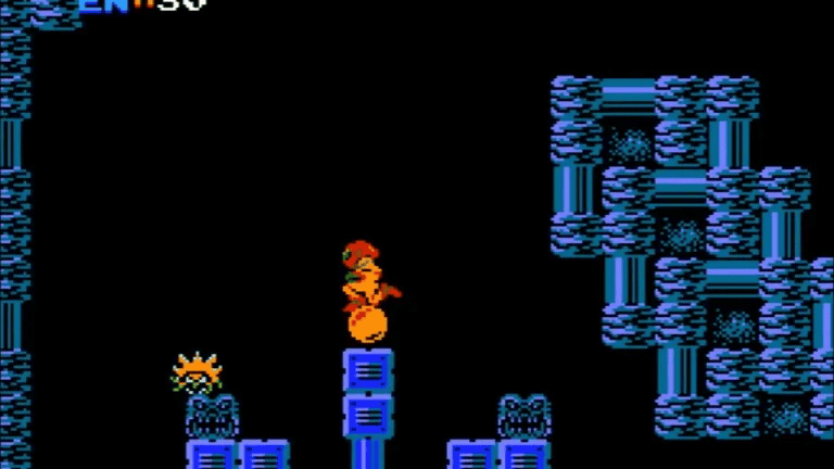 Metroid atmospheric in-game screenshot showing Samus in a cavern