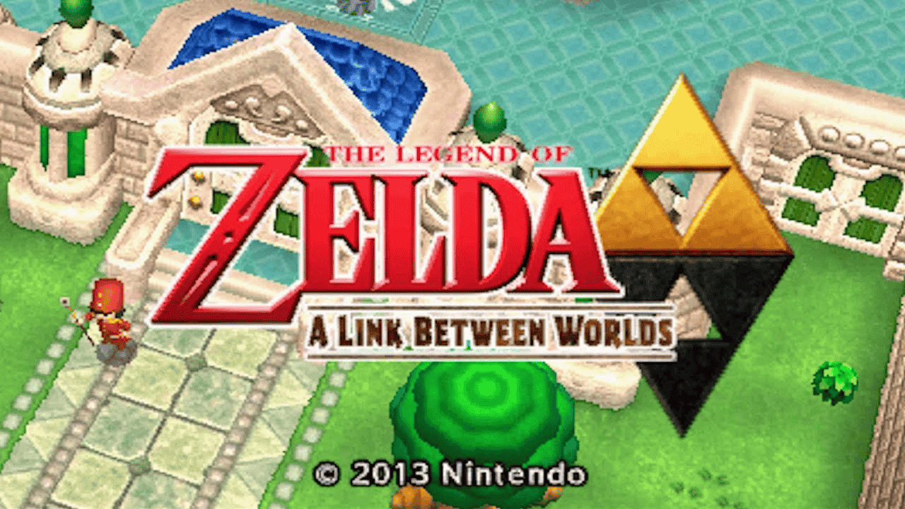 Link Between Worlds gameplay scene showing protagonist merging into a wall