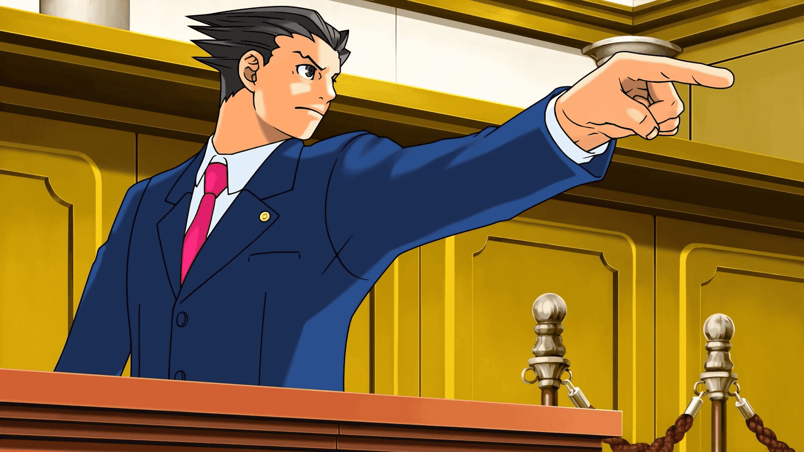 Phoenix Wright courtroom scene with protagonist pointing out a contradiction