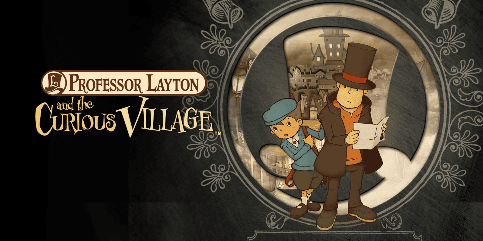Professor Layton and the Curious Village puzzle scene with protagonist duo