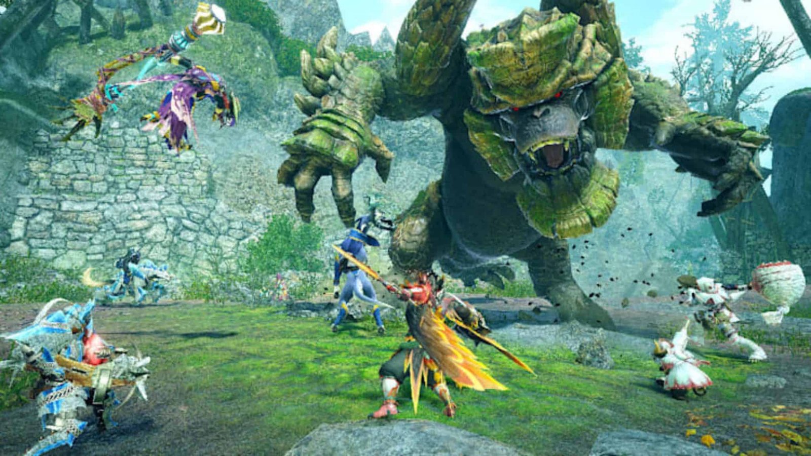 Monster Hunter Rise key art with a hunter facing a large monster