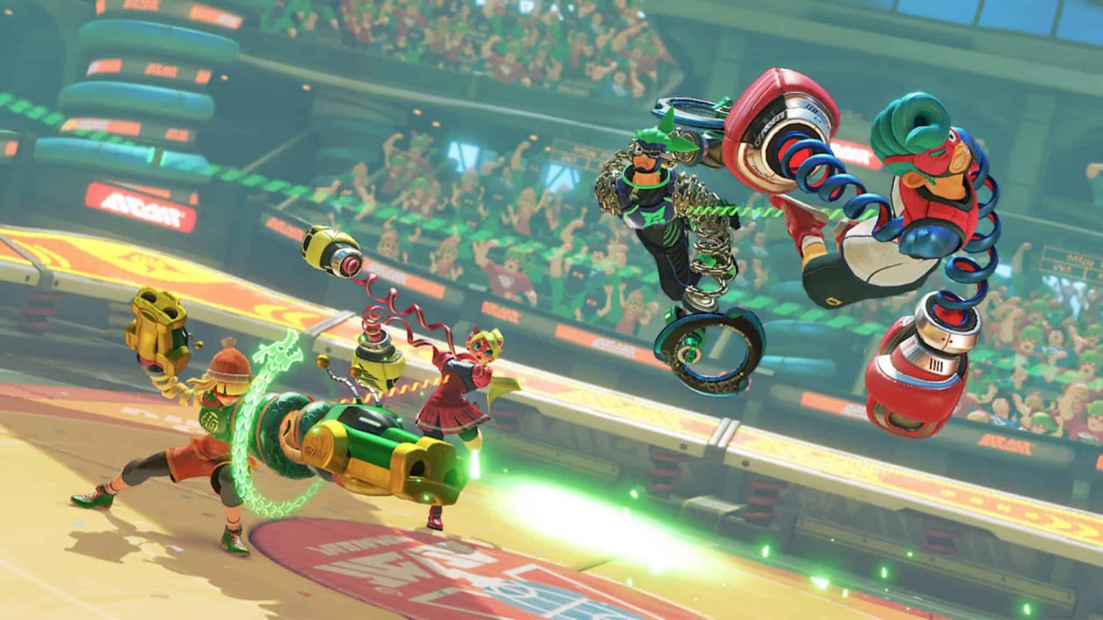 Two ARMS fighters stretching their spring-like limbs to attack