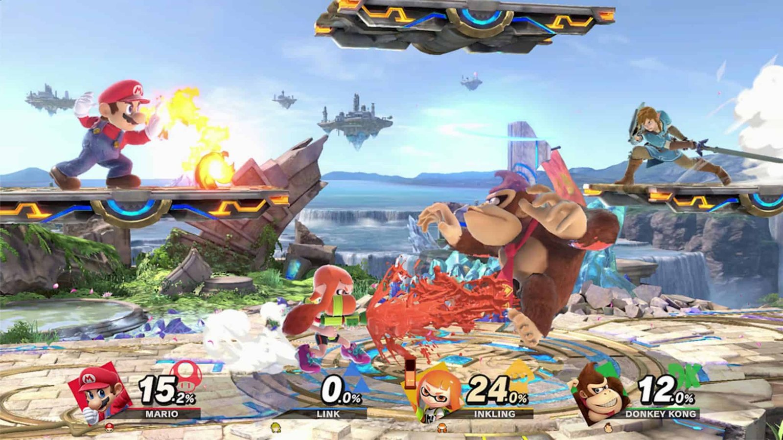 A crowded battle with multiple iconic Smash characters on screen