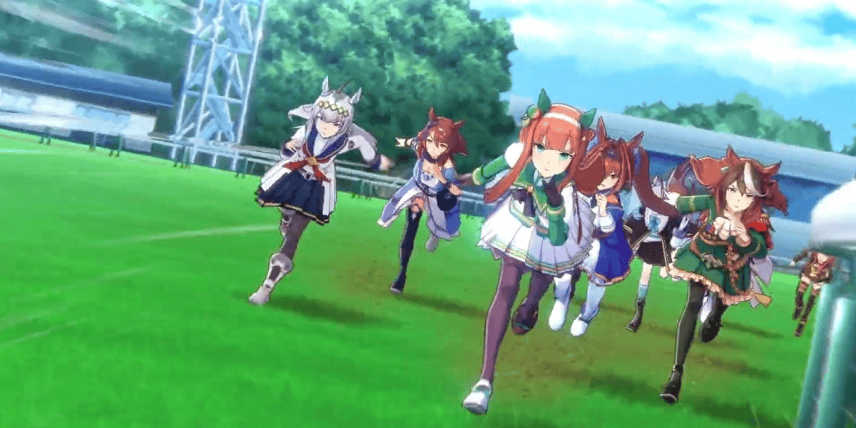 Umamusume characters racing on a track