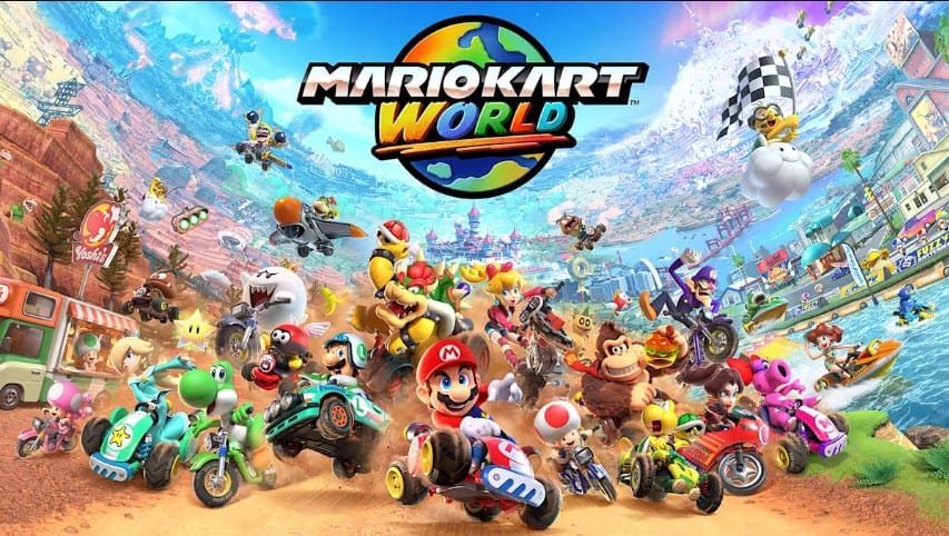 Mario Kart World cover art showing Mario in a racing kart