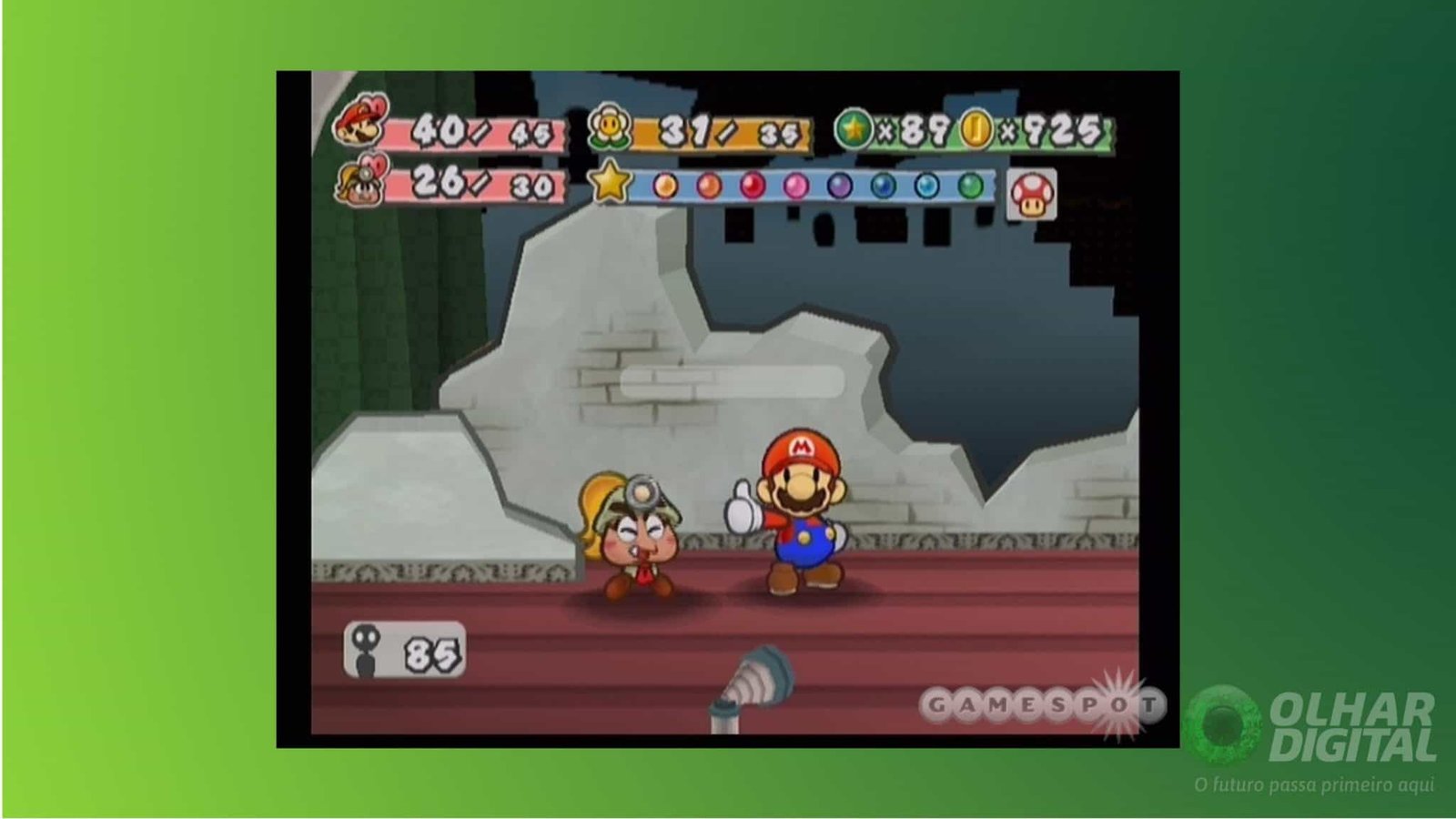 Mario in a paper-styled world holding a map