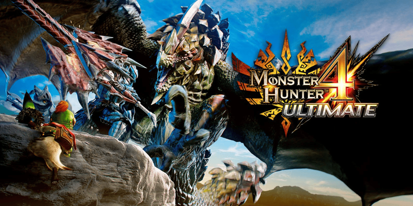 Artwork from Monster Hunter 4 Ultimate depicting large monsters battling smaller hunters