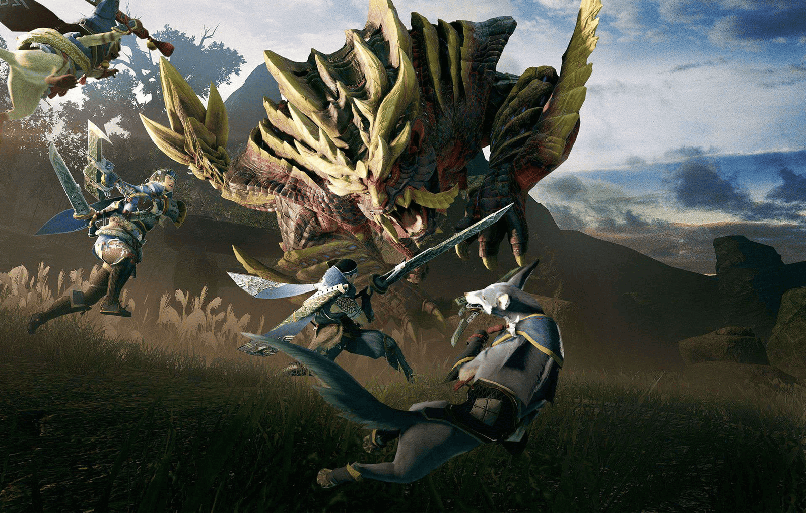 A hunter and a beast fight alongside each other against giant creatures in Monster Hunter Rise