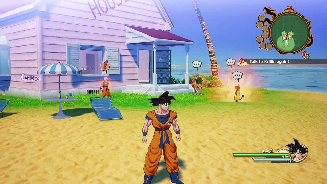 Goku standing near Kame House in Dragon Ball Z: Kakarot