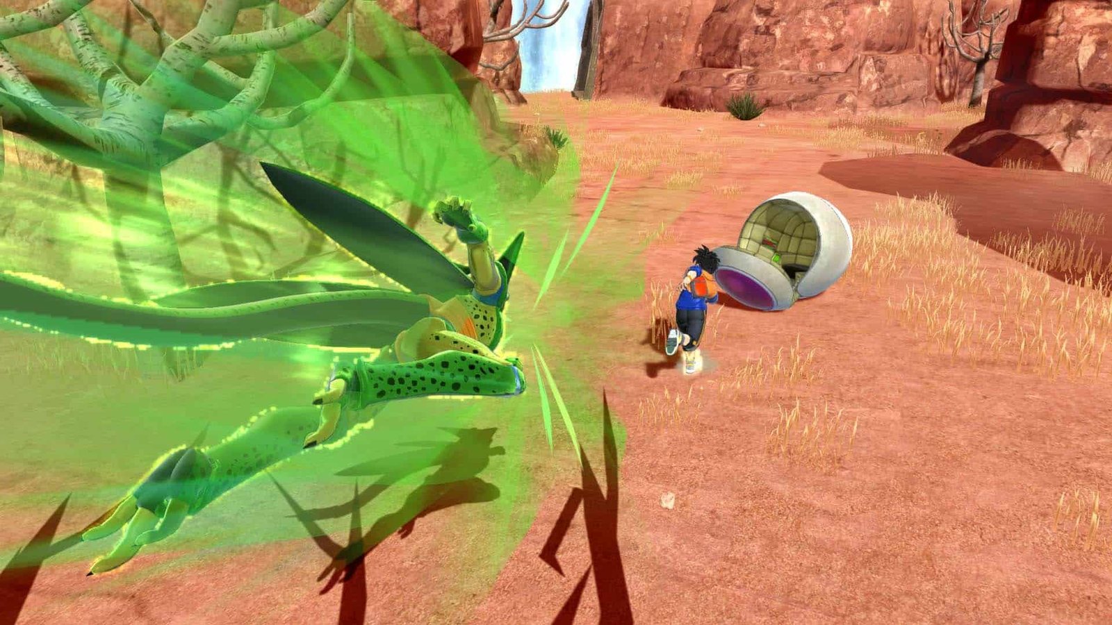 Cell’s first form attacking a survivor in Dragon Ball: The Breakers