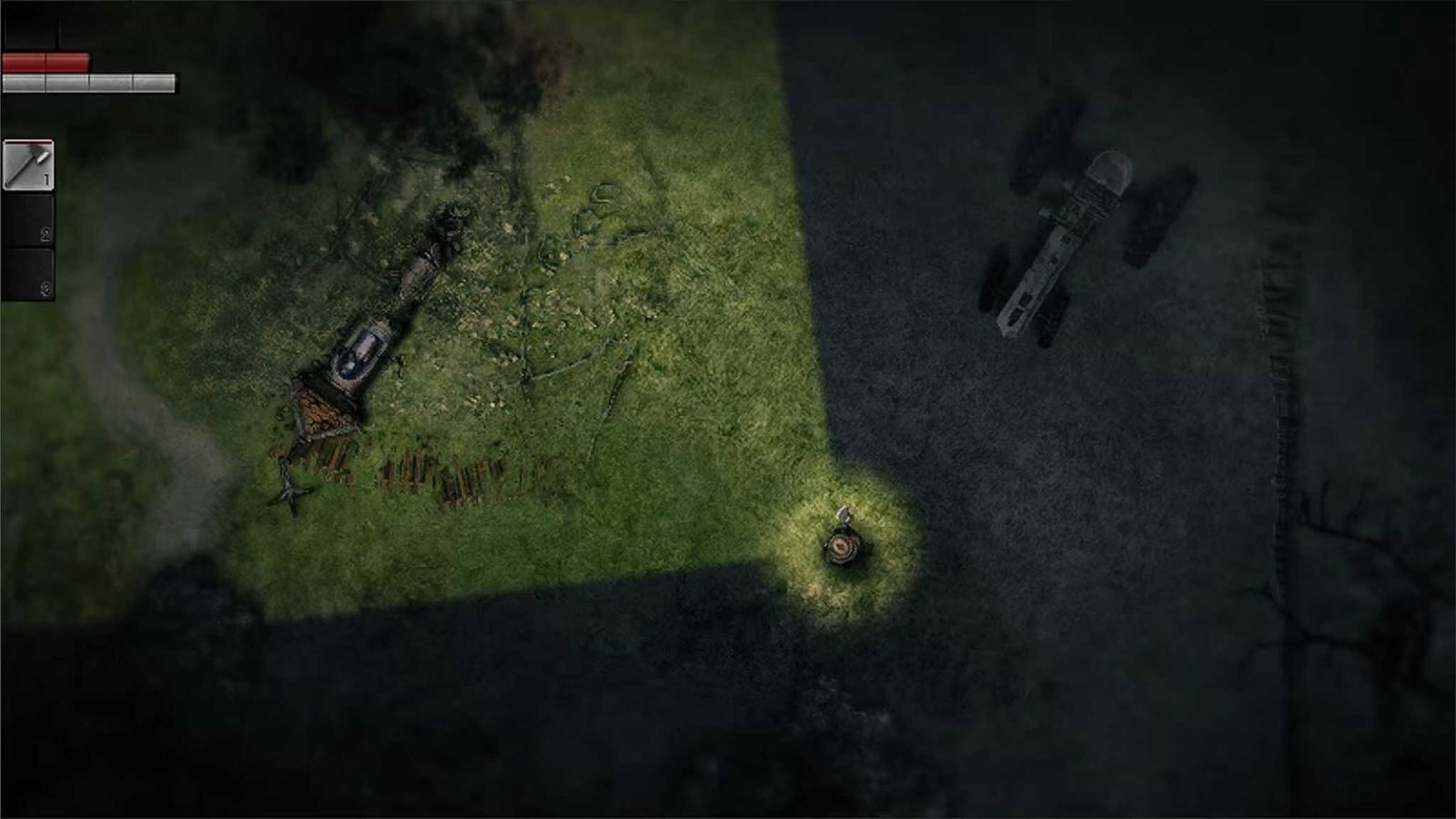A top-down view of a dense, menacing forest with scattered ruins
