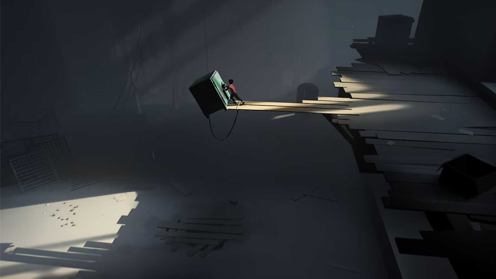 A silhouetted boy running through a stark, oppressive environment