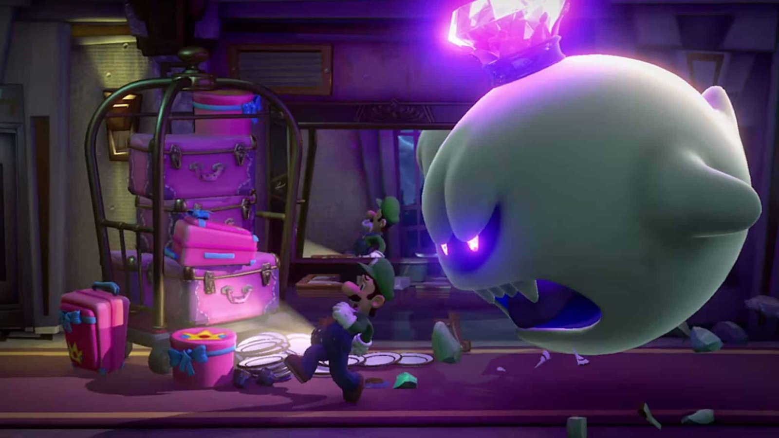 Luigi holding a Poltergust, exploring a haunted hotel corridor